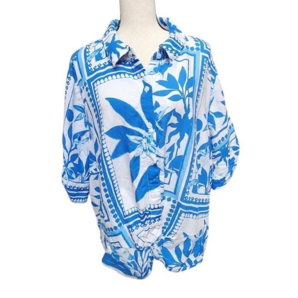 I.N.C. Blue Floral Linen Viscose Top Size 3X Tropical Colorful Artsy